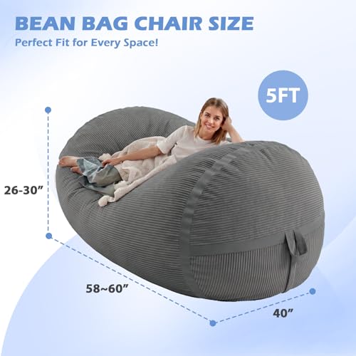 Image of 5FT Bean Bag Chair 5'Giant Bean Bag Chairs with Adults, Large Beanbag Chair | Bean bag Lounger with Machine Washable Cover Corduroy Fabric, Comfy Chairs for Living Room Bedroom Dorm, Darkgrey