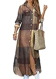 YMING Womens V Neck Long Sleeve Dress Button Down Split Maxi Dresses Plaid Pockets Long Blouse Dress Khaki S