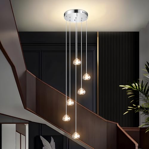 LED Moderne Pendelleuchte esstisch Pendellampe Villa Kronleuchter Höheverstellbar Hängeleuchte aus Glas Küchen Flurlampe Kristall Treppenhaus (Runde, 6-flammig, Chrom)