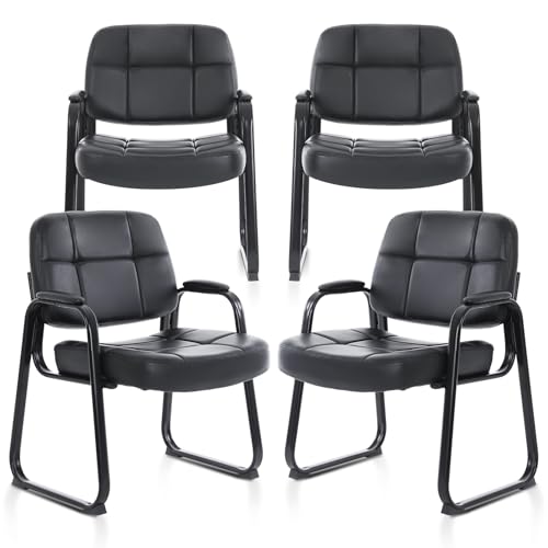 CLATINA Big & Tall Waiting Room Guest Chair with Bonded Leather Padded Arm Rest and Sled Base for Office Reception Lobby and Conference Desk, Black(4 Pack)