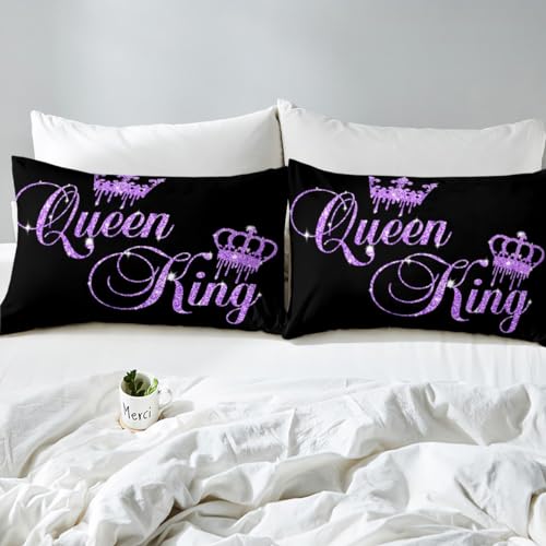 Homemissing Crown Queen and King Couple Duvet Cover Set His and Hers Bedding Set for Teens Women Men Black Purple Double Size,Lover Romantic Valentine'S Day Decorations Bedspread Cover (No Glitter) - Image 4