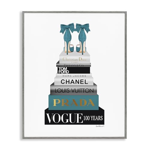 Image of Stupell Industries 'Turquoise Heels on Bookstack', Framed Giclee Art, Gray, 24 x 30 Inches, Easy to Hang and Sturdy, Made in USA, by Amanda Greenwood