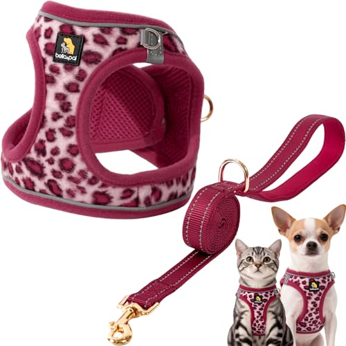 BELLA & PAL Pettorina Cane Taglia Piccola, Pettorine per Cuccioli con Guinzaglio, Step In | Riflettente| in Morbido Peluche, Imbracatura per Cani Piccoli, Rosa Leopardo, S