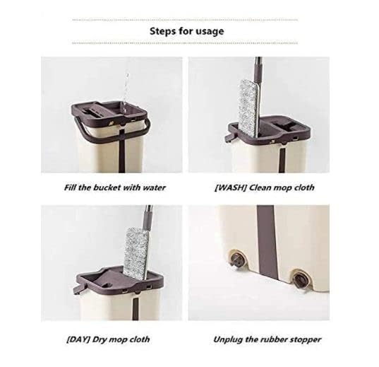 Image of Heavy Quality Floor Mop with Bucket, Flat Square Dinner Squeeze Mop Bucket System Cleaning Supplies 360 Flexible Mop Head /2 Reusable Ceramic Gift Pack