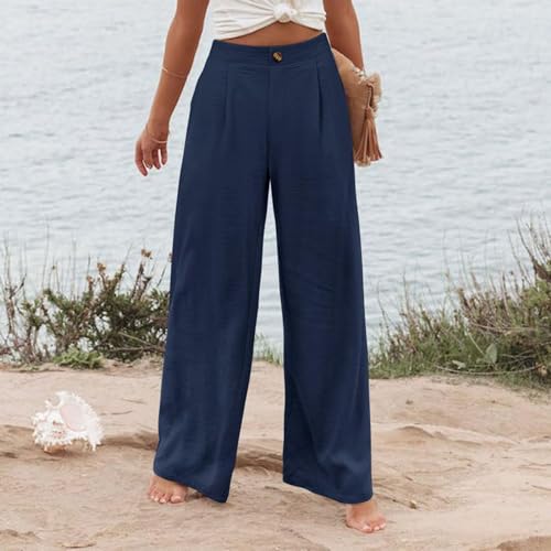 Women's Casual Wide Leg Pants Loose High Waist Button Trousers with Pocket 2025 Travel Vacation Outfits for Women4