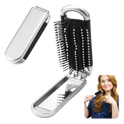 Cepillo Pelo Viaje con Espejo, Cepillo de Pelo Plegable, Cepillo de Tamaño de Bolsillo, para Llevar en Bolso y Aplicar Maquillaje, Mini Portátil, para Viajar, Compras y Gimnasio (Plateado)