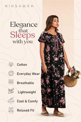 Image of NIHSAMAH Cotton Nighty for Women with Pocket, Premium Printed Long Nighty | Comfortable & Fancy Sleepwear /Nightwear
