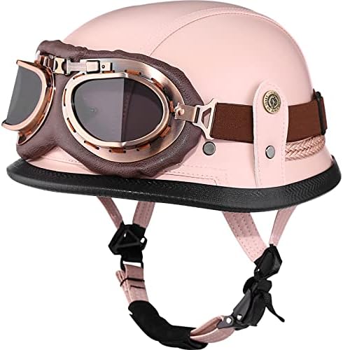 Yesmotor Motorcycle Half Helmet Retro German Handmade Leather Half Face Quick Release Buckle & Goggles - DOT Approved (Pink, M)