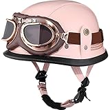Yesmotor Motorcycle Half Helmet Retro German Handmade Leather Half Face Quick Release Buckle & Goggles - DOT Approved (Pink, M)
