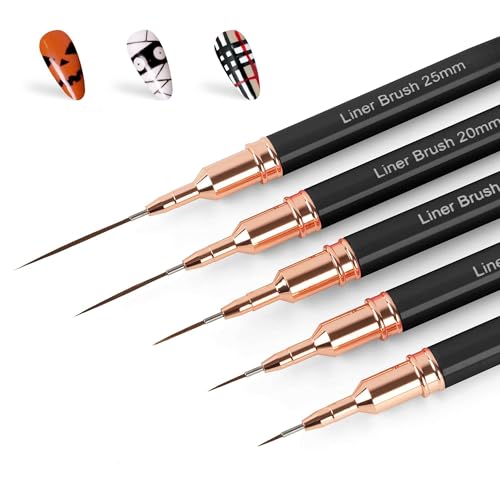 Metallic Nail Art Pens, Liner Brushes Set, 5PCS Black Color Nail Tools For Long Lines, Thin Details, Fine Drawing, Liner Brush UV Gel Polish Painting Nail Design Sizes 5/8/12/20/25mm