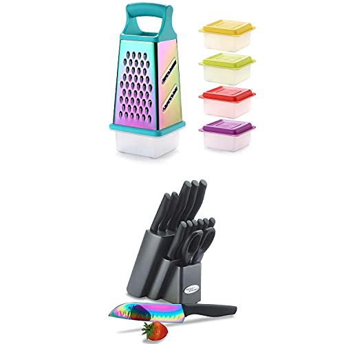 DISHWASHER SAFE KYA25 Rainbow Titanium Knife Block Set, Kitchen Knives Set with Block Plugs Professional Rainbow Titanium Box Grater,Stainless Steel Grater with 4 Sides,Slicer 5 Piece Set