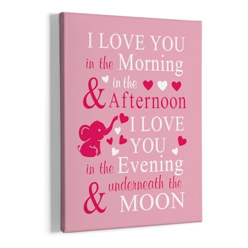 Image of HIWX Baby Elephant Nursery Decor, I Love You In The Morning Sign Framed Canvas Painting Wall Art Decor, Elephant Nursery Baby Wall Art Home Decoration For Room Bedroom 11x14 (Pink)