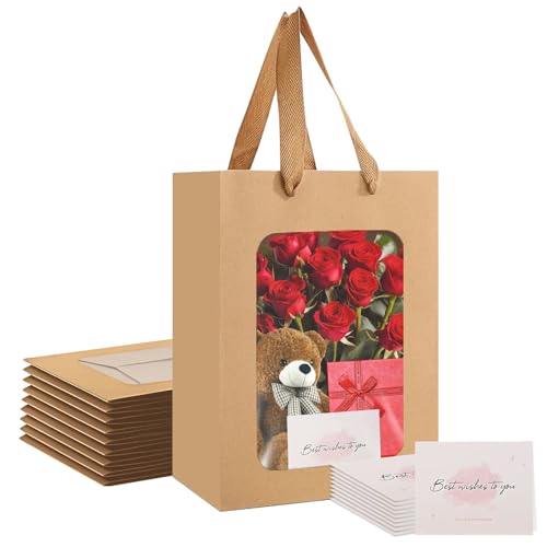10 Piezas Bolsas de Papel Kraft con Ventana, Bolsas de Regalo con Tarjeta de Felicitación, Bolsas Chuches Cumpleaños Bolsa Embalaje Papel Kraft para Celebración, Boda, Fiesta (Marrón, 20×16×30 cm)