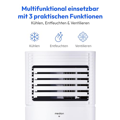 MEDION Smarte Mobile Klimaanlage mit Abluftschlauch P701 (7000 BTU, mobil, inkl. Fensterabdichtung, bis 25m², 3in1 Kühlen Entfeuchten Ventilieren, App- und Sprachsteuerung, Schlafmodus, MD 37672)