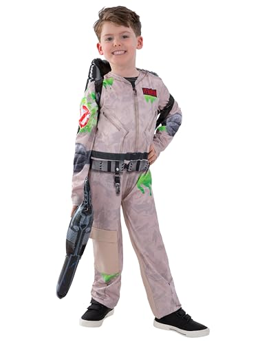 Smiffys Kids Ghostbusters Costume – Grey Jumpsuit & Inflatable Proton Pack – 1984 Retro Film Fancy Dress Outfit for Boys – Halloween Paranormal Investigator Dress-Up - Age 4-6