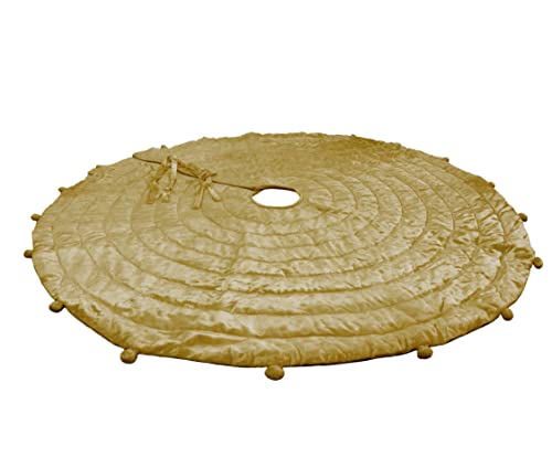 Quilted Velvet Christmas Tree Skirt, Pom Pom Quilted Tree Skirt, Family Name Tree Décor (72 Inches, Emerald Green Velvet) #TOP3