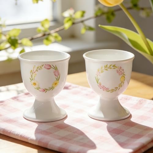 Image of Cinf Ceramic Egg Cup Set, 2 Pack, Floral Boiled Egg Holders for Breakfast