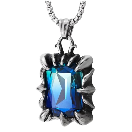 Collier Homme Acier Inoxydable pendentif griffe cristal bleu