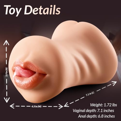 Image of Pocket Pussy for Men, 3-in-1 Realistic Male Masturbator with Mouth Vagina and Anus, 7.1 inch Deep 3D Textured Male Sex Toy for Endurance Training & Pleasure, Discreet Brown Skin Stroker Doll