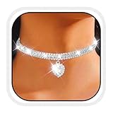 Fashband Rhinestone Choker Necklace Heart Pendant Diamond Row Necklaces Sparkly Crystal Prom Chain Jewerly Accessories for Women (Silver)