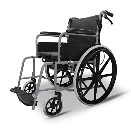 Zwahce Shower Wheelchair Commode, Rolling Commode Chair Shower Chair With 24” Rear Wheels, Self Propel Transport Wheelchair With Dual Brakes, 19” Wide Seat #TOP18