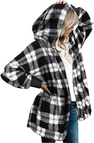 CHICGAL Womens Winter Fuzzy Hooded Cardigans Long Sleeve Jacket Open Front Sherpa Coat with Pocket (Black White Checkered, L)