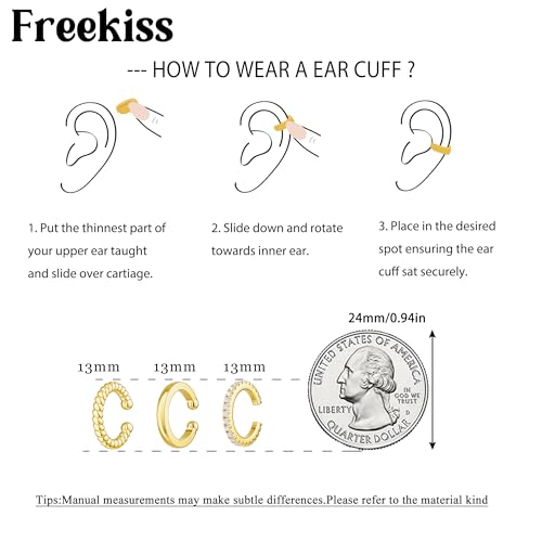 Freekiss Gold Ear Cuffs Non Piercing: 14K Gold Plated/Silver Cuff Earrings for Women Trendy Chain Cubic Zirconia Cartilage Clip on Earrings Fake Earring Cuffs Set Hypoallergenic Jewelry for Women4