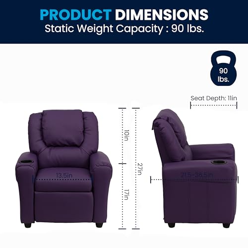Image of Flash Furniture Vana Vinyl Kids Recliner with Cup Holder, Headrest, and Safety Recline, Contemporary Reclining Chair for Kids, Supports up to 90 lbs., Purple