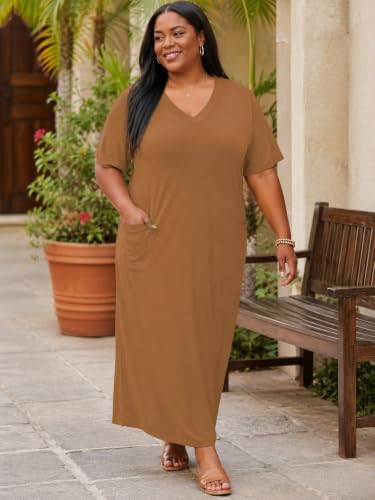 Image of Plus Size Maxi Dress for Women Short Sleeve V Neck Casual Loose Sundress with Pockets