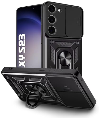 Image of WOW IMAGINE Tough Armor Bumper Mobile Back Case for Samsung Galaxy S23 5G | Sliding Camera Shield Cover | Shock Proof 360 Protection | Hybrid PC + TPU | Ring Holder with Kickstand - Black