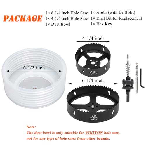 Image of 6-1 /4 & 4-1 /4 Hole Saw for Recessed Lights, 6.25 & 4.25 Inch Hole Cutter with Dust Bowl Catcher for Led Recessed Lighting 6 Inch & 4 Inch and Wood Metal Drywall, Bi-Metal Construction, Black