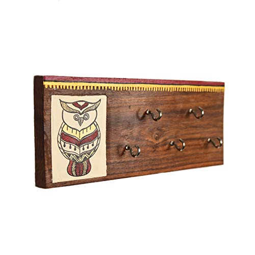 Image of Artysta 'Owl on Plank' Wooden Key Holder for Wall Stylish Decorative Keychain Holder Key Hanger for Home Decor (5 Hooks)