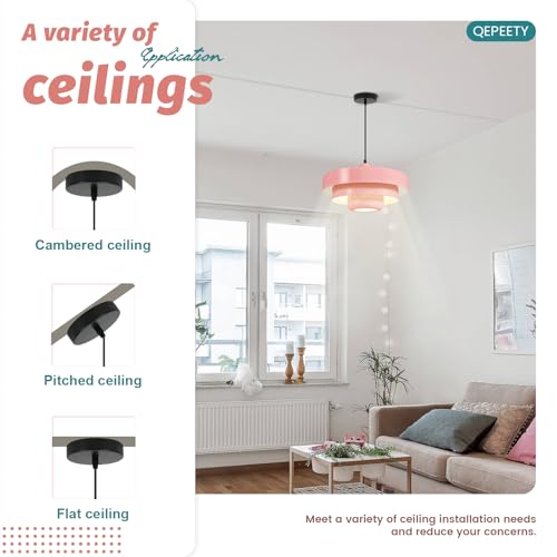 Image of 2-Pack Adjustable Pendant Lights, Scandinavian 3-Layer Pink Metal Pendant Lamp, 59 Inch Adjustable Wire Hanging Light, E26 Base for Kitchen Island Kids Room