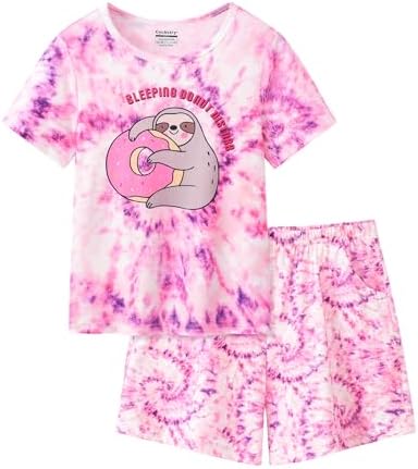 CYCHELRY Tie Dye Bunny Pajamas for Tween Girls Short Sleeve Big Kids PJS Sets Matching Clothes Size 6-16