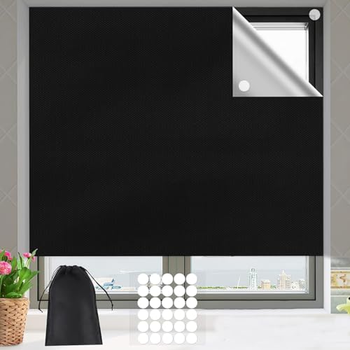 Portable Blackout Blind, 100% Blackout Material 300x145cm Free Cut Size & Shape No Drill Blackout Blinds with 30 Pairs Self Adhesive Fasteners for Bedroom, Nursery, Loft, Travel