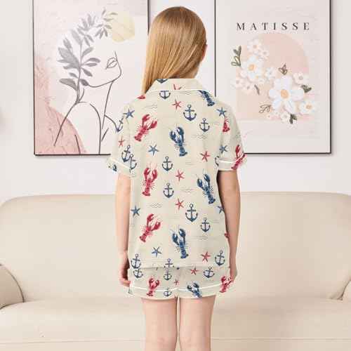 Anchor Shrimp Pattern Summer Satin Pajama Set, Cute Button-Down Sleepwear Pj Set for Sleep Wears4