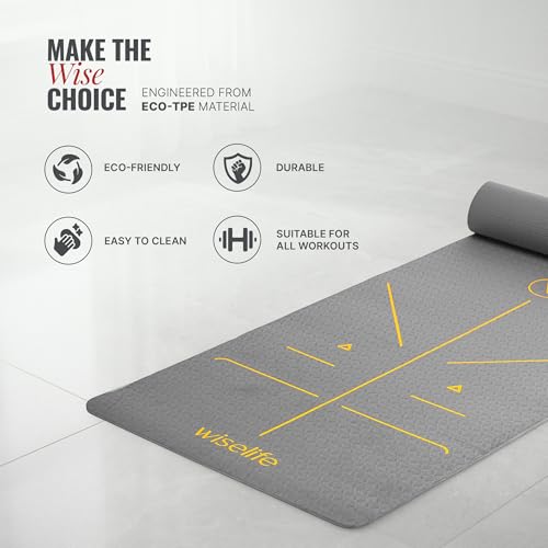 Image of WiseLife TRUE Body Alignment Yoga Mat + Sleek Yoga Strap for Men and Women | Non-Slip Textured Extra Wide & Thick | Pro Balance Eco-TPE Exercise Mat For Home, Pilates, Gym & Fitness (6mm, Grey)