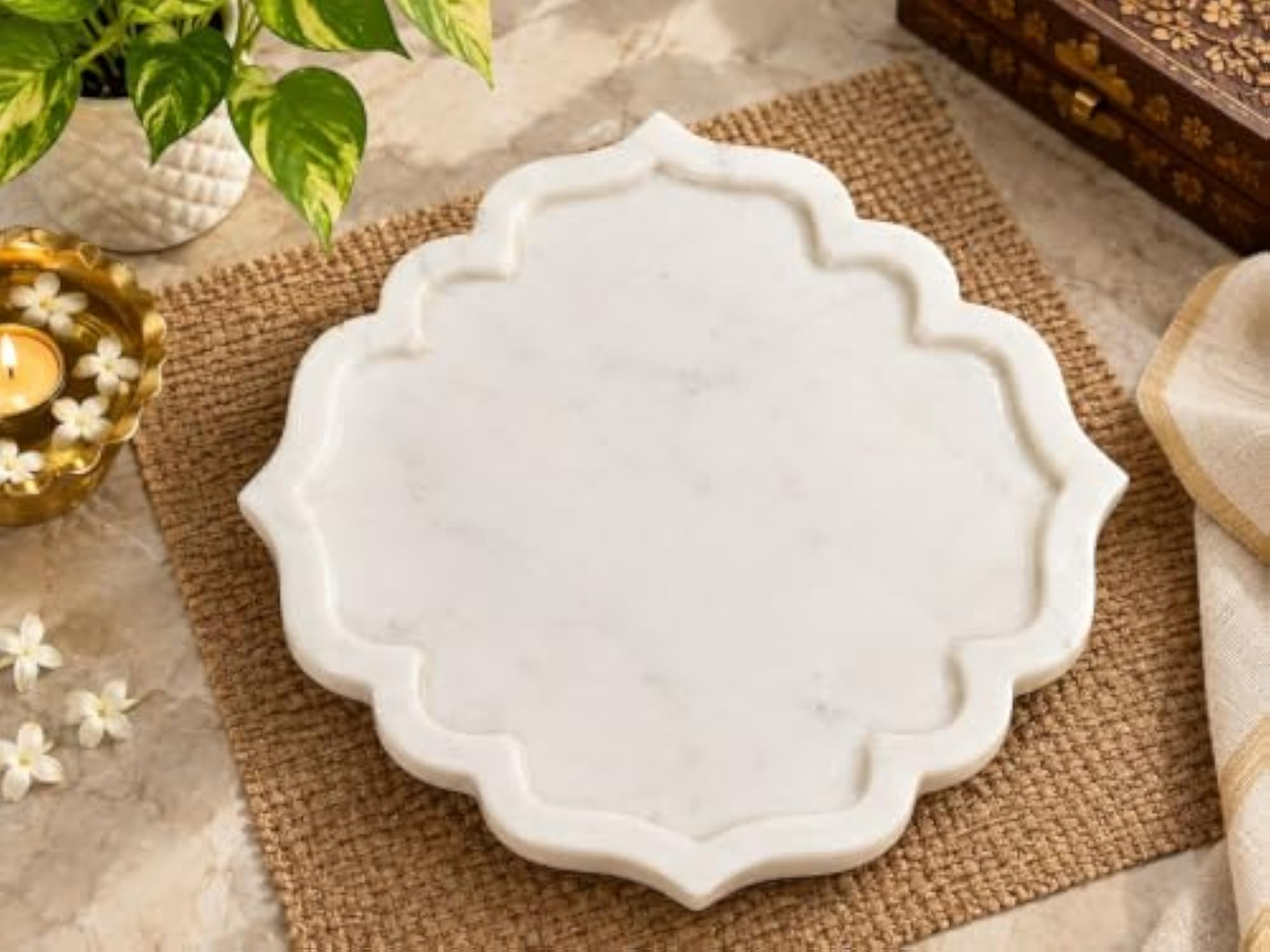 White Marble Scalloped Trivet Serving Base, 8 Inch