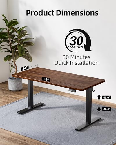 Image of TIQLAB Electric Standing Desk, Adjustable Height Stand up Desk, 63 * 24 Inches Sit Stand Home Office Table with Splice Board, Black Walnut