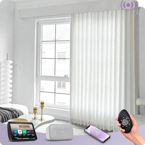 Image of Graywind Rechargeable Smart Curtains Compatible with Alexa Google Remote Control Automatic Drapes for Sliding Door Room One-Way or Split Draw Joinable Curtain Custom Width Up to 207 inch(Pure White)