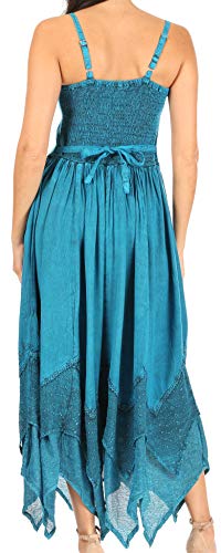 Image of Sakkas Rayon Embroidered Stonewashed Adjustable Spaghetti Straps Long Dress