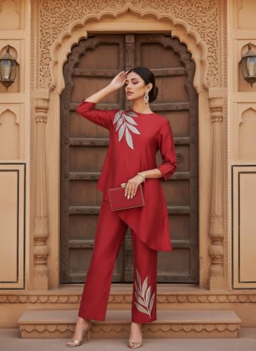 Image of Women's Magenta Chanderi Sequin Embroidered Co-ord Set | Round Neck 3 /4 Sleeve Asymmetric Top with Trousers | Festive Co-ord for Party, Wedding
