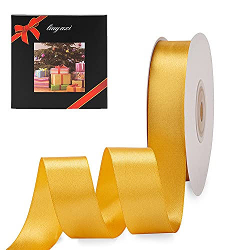 Image of Solid Color Double Faced Yellow Gold Satin Ribbon 1 inch X 25 Yards, Ribbons Perfect for Crafts, Wedding Decor, Bow Making, Sewing, Gift Package Wrapping and More