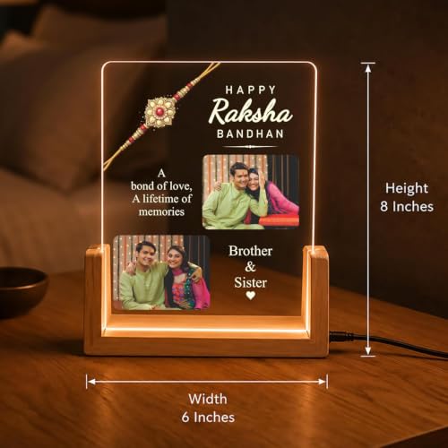 Image of Giftplease Personalized Raksha Bandhan LED Acrylic Photo Frame with Rakhi, Roli Chawal, Greeting Card, Wooden USB Night Lamp, Brother Sister Festival Decor, Memory Keepsake, Home Table Display