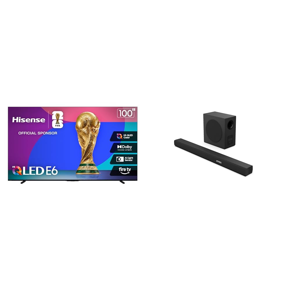 Hisense 100" E6 Cinema Series Hi-QLED 4K UHD Smart Fire TV (100E6QF) with AX3100Q 3.1ch Soundbar, Dolby Vision · Atmos, DTS:X, Wireless Subwoofer, Bluetooth 5.3