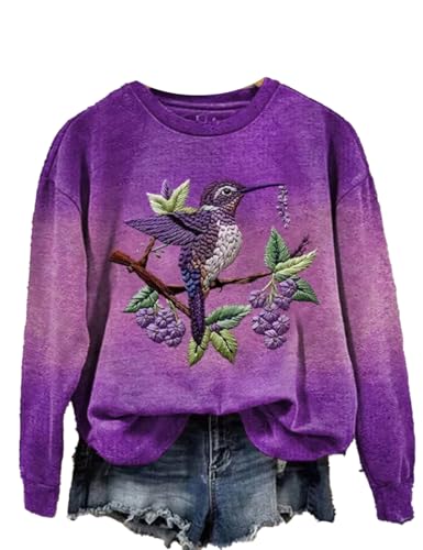 CIVIZILUX Women's Pink Hummingbird Printed Sweatshirt Women's Alzheimer's Awareness Hummingbird Purple Ribbon Print T-Shirt Alzheimers Awareness Shirts Long Sleeve Crew Neck Gradient