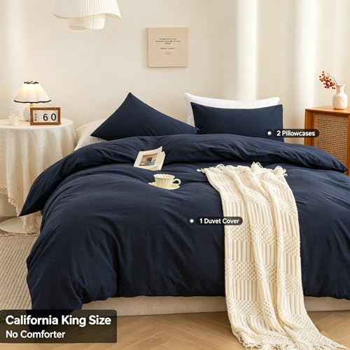 Image of ECOCOTT Navy Blue Duvet Cover California King Size - 100% Washed Cotton Durable Soft Comfy Bedding Set, 3 Pieces Duvet Cover with Zipper Closure (Navy Blue, 104''x98'')