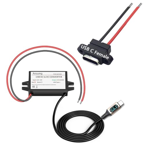 Ansumg 12V to 5V DC Converter Car Power Voltage, DC Step Down Module Power Adapter, USB C Cable with LED Display, Black, Waterproof, 2.1FT