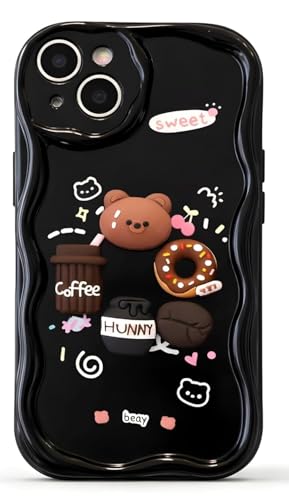 TWIKKA Kawaii Bear Hunny Coffee Donut Phone Case for iPhone 14 Plus | Soft TPU Silicone Shockproof Cover | Cute Cartoon Aesthetic Protective Case for Women Girls (Black)