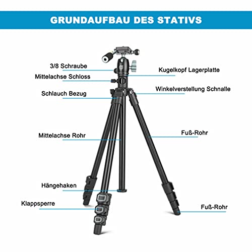 Kamera Stativ aus Aluminium Flexibel Dreibeinstativ Fotostativ mit Kugelkopf und Stativtasche Tragfähigkeit 6KG… – Bild 4